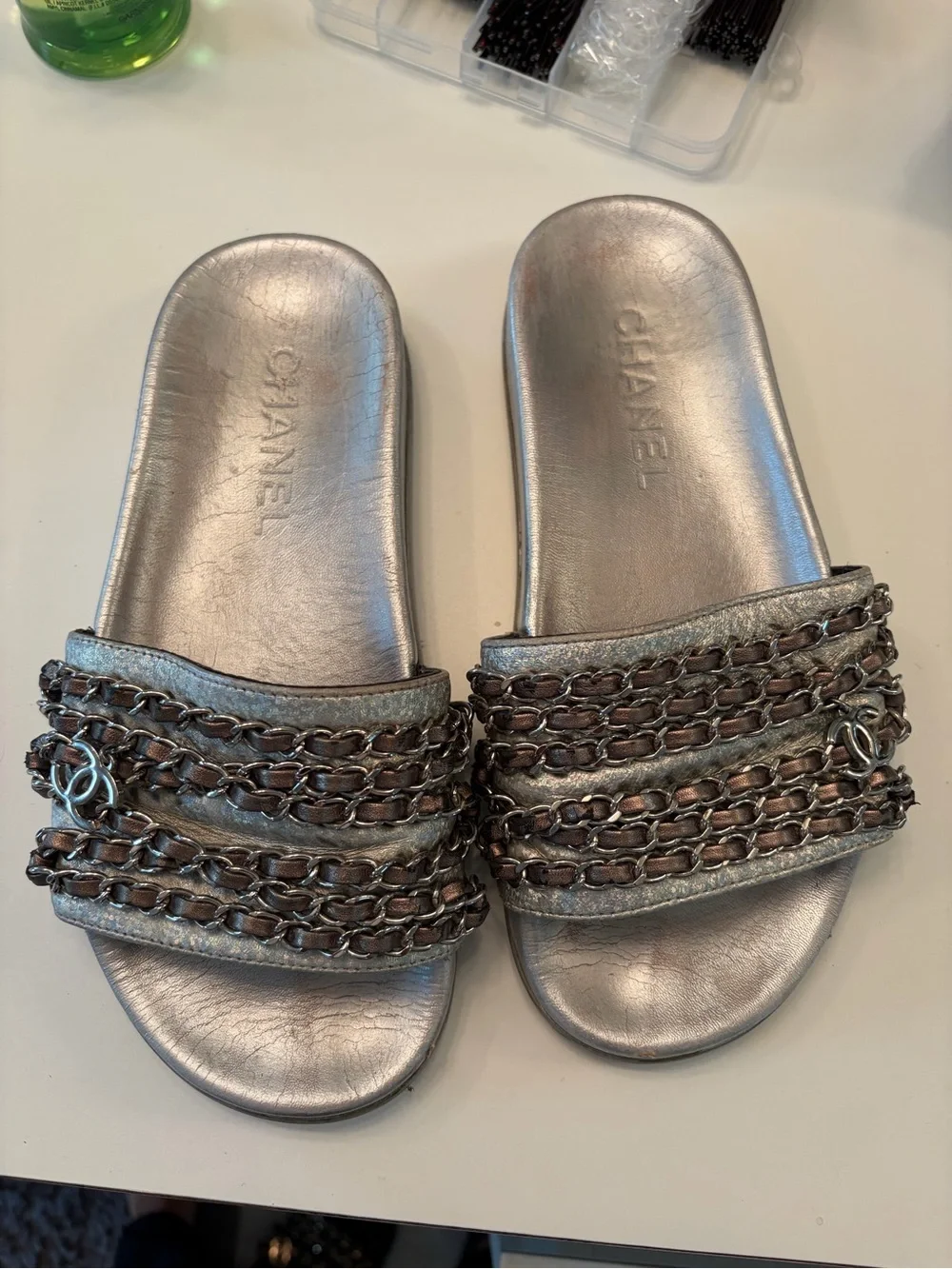 CHANEL Metallic Silver Chain-Embellished Slide